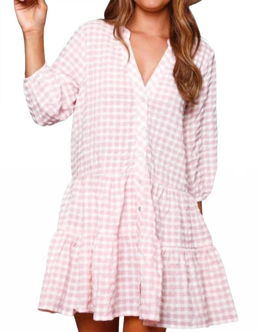 NEW FANTASTIC FAWN gingham tiered mini dress in pink white